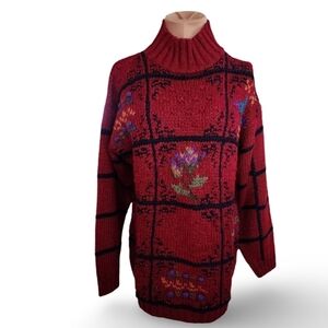 IVY Vintage 90s Hand-Knit Floral‎ Ramie Sweater Chunky Turtleneck Red Small